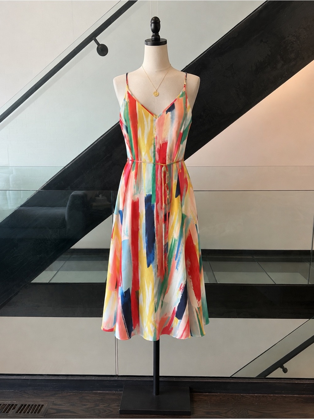 Milly Multicolor Brushstroke V-Neck Midi Dress